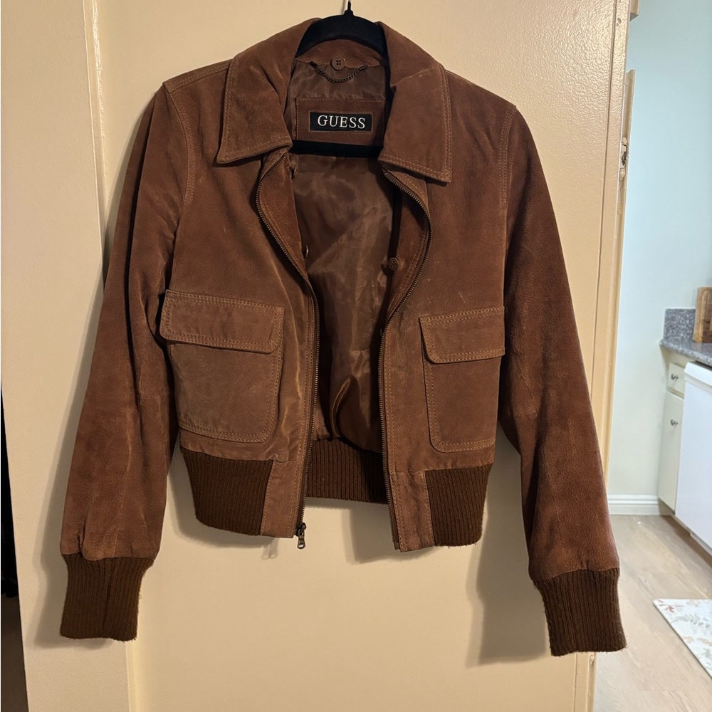 GUESS Brown Suede Bomber Jacket with Ribbed Hem